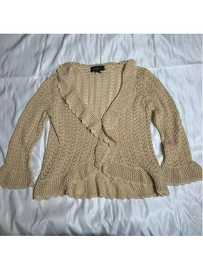 Women's Pointelle Beige Linen Blend Cardigan L